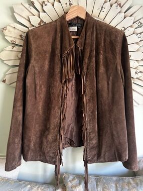 Nancy Bolen Genuine Suede Fringe Jacket Brown Western Boho Open Front M